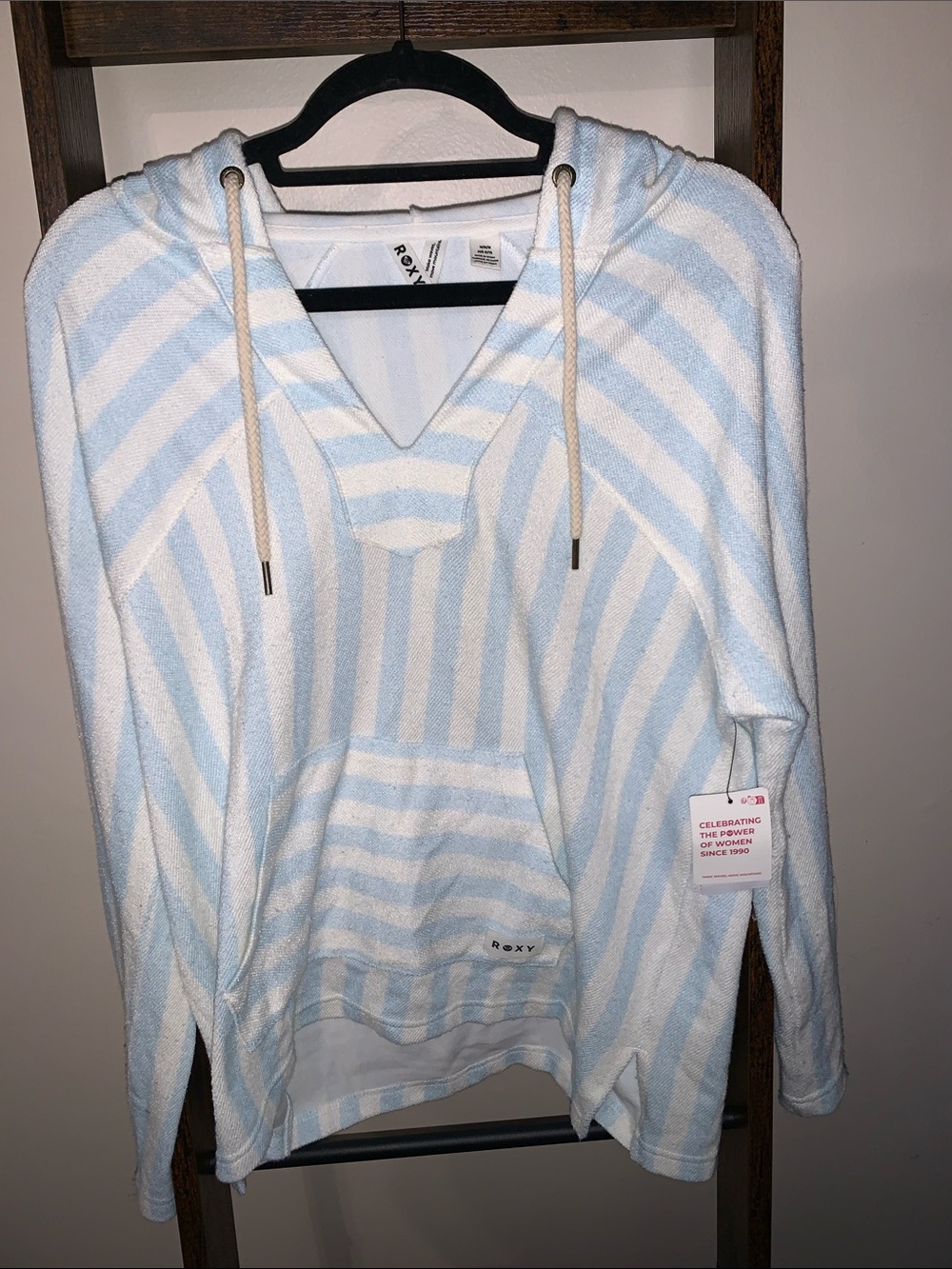 Roxy Light Blue and White Striped Hooded Pullover